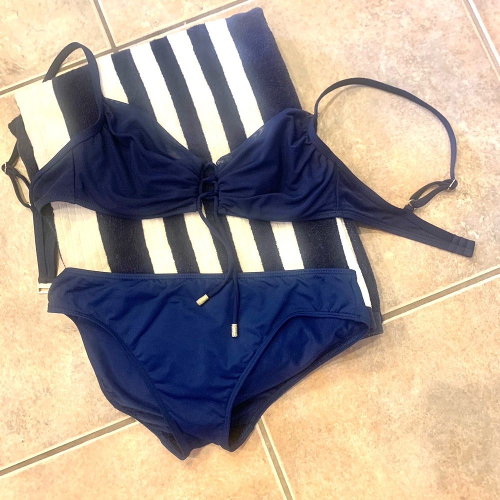 Beautiful Lauren navy two piece bikini with gold accents